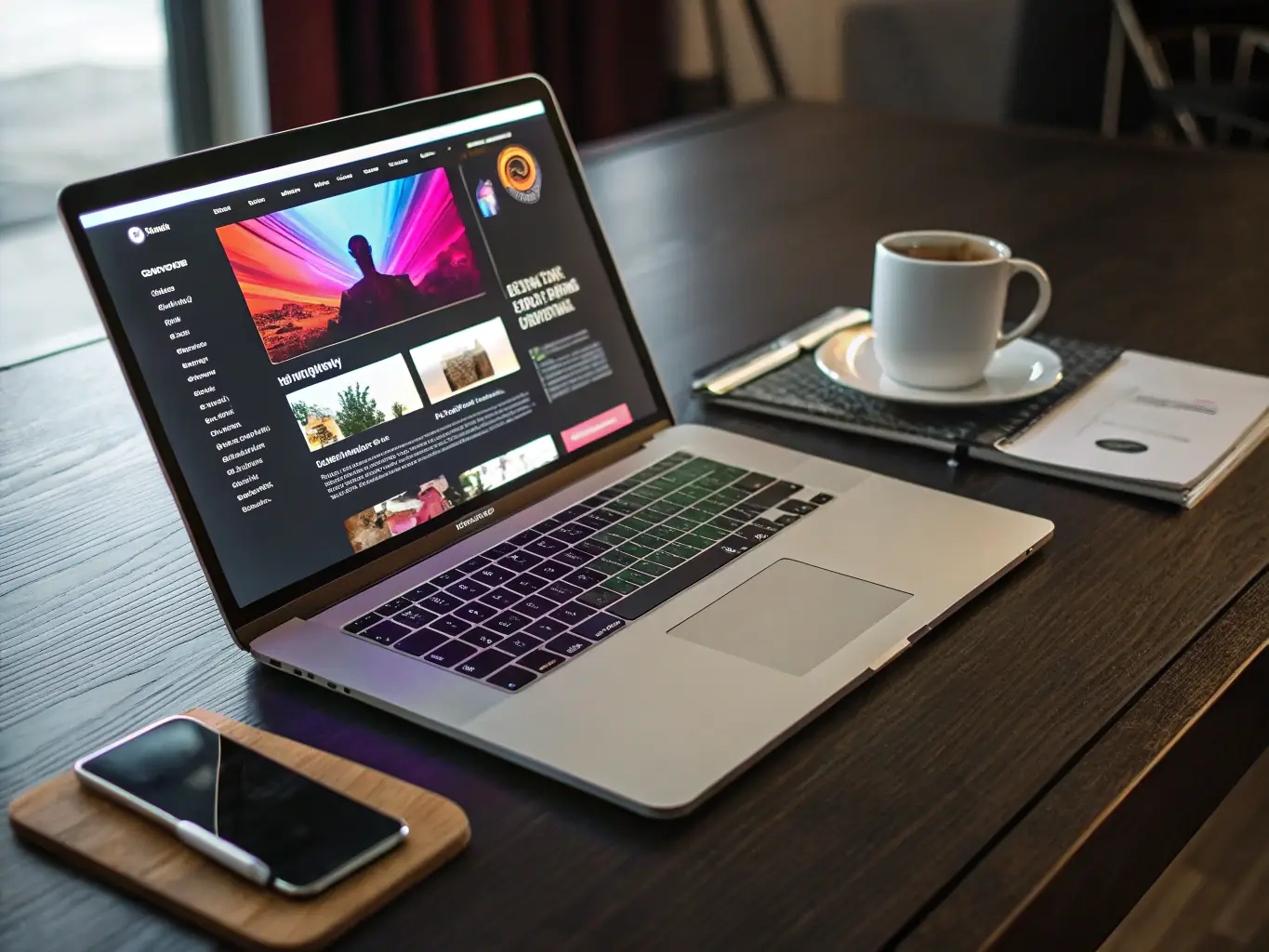 A sleek laptop displaying a dynamic, AI-generated website interface with vibrant visuals, showcasing LostMedia Studios' AI-Powered Web Design service.