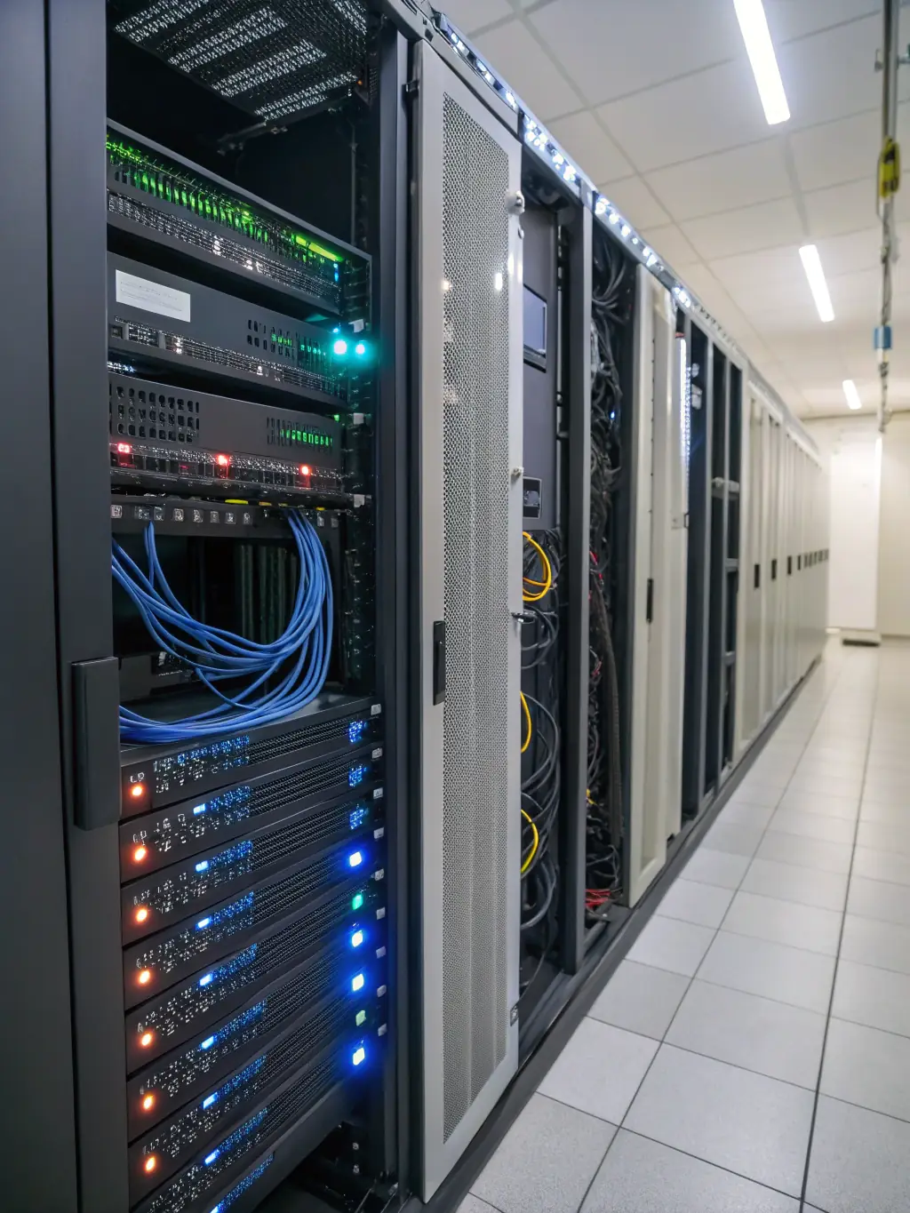 A server rack with glowing lights and data streams, symbolizing reliable and secure web hosting services by LostMedia Studios.