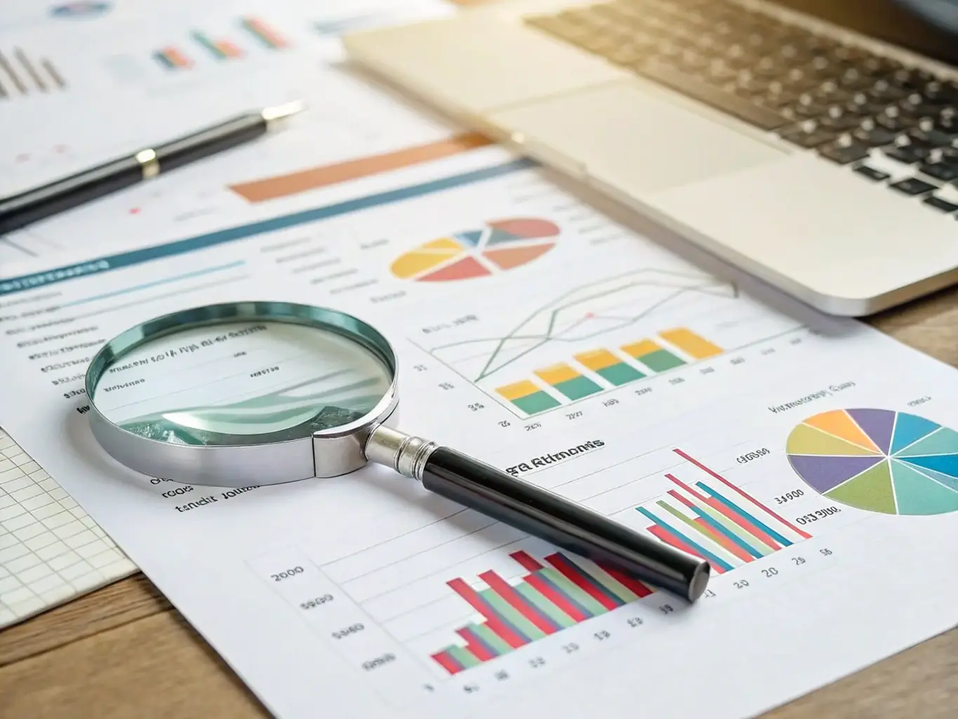 A magnifying glass icon over a graph, symbolizing SEO analytics, with a background of data streams and search engine results pages.