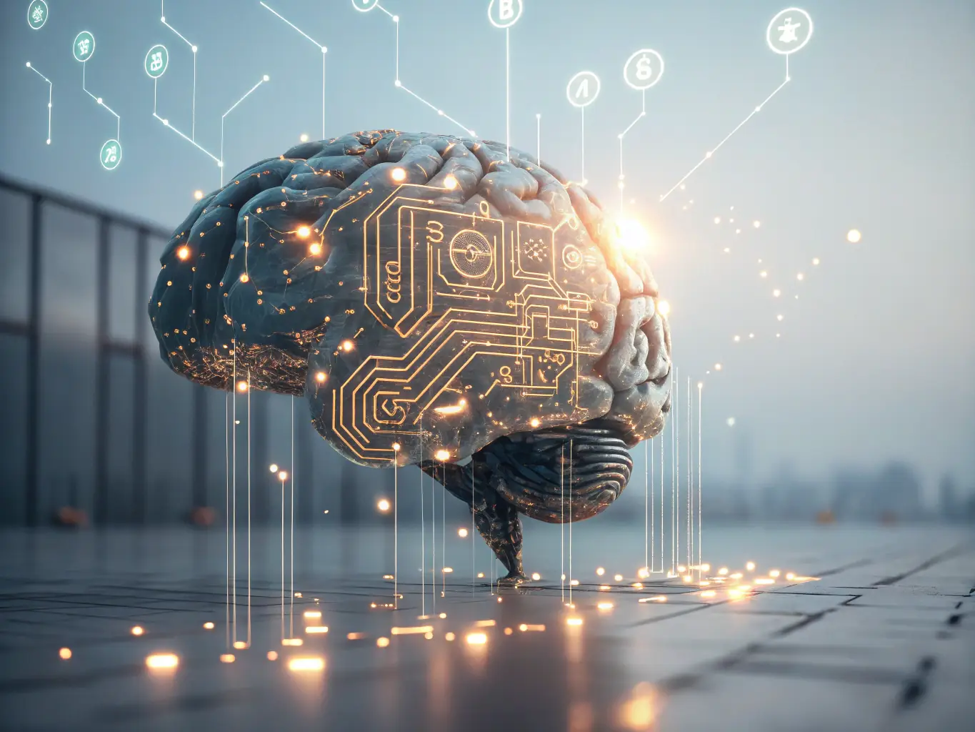 A vibrant icon representing AI-powered web design, featuring a stylized brain integrated with website elements, set against a modern, tech-inspired background.