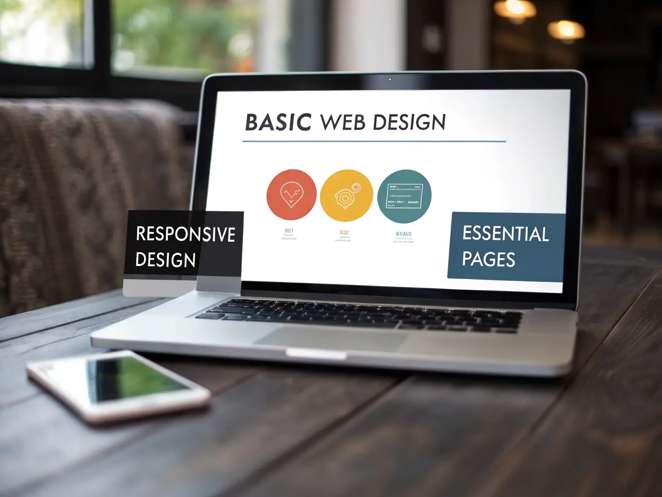 A clean, modern graphic illustrating the key features of the Basic web design package, emphasizing its affordability and essential services for small businesses.