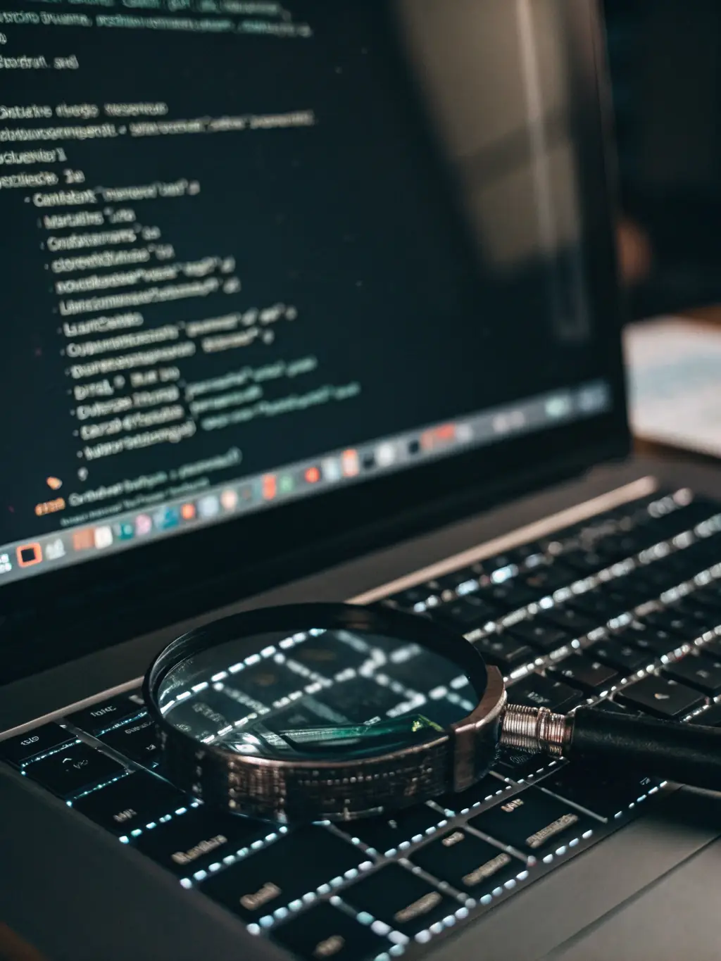 An image showing a magnifying glass over a website's code, highlighting the optimization process, representing SEO optimization services by LostMedia Studios.