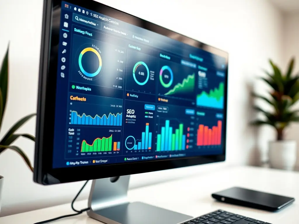A dashboard displaying SEO metrics, graphs, and keyword rankings, representing LostMedia Studios' SEO Analytics service.