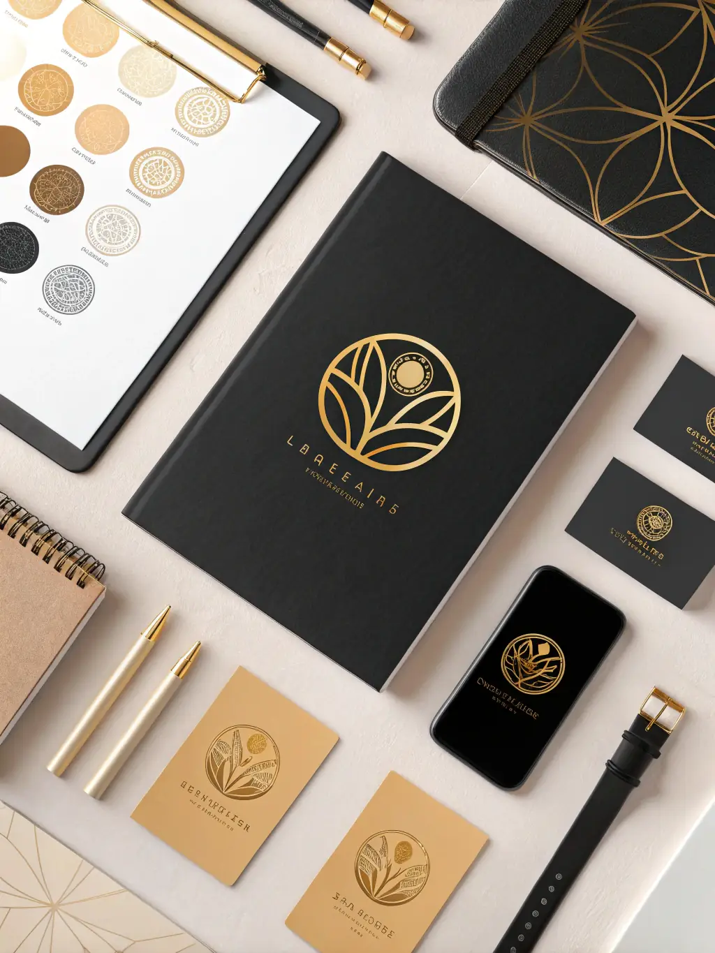 A cohesive set of brand assets (logo, color palette, typography) displayed elegantly, representing brand management services by LostMedia Studios.